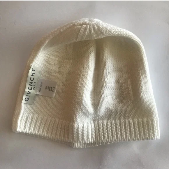 Givenchy Tonal Raised Logo Jacquard Knit Wool Beanie Hat Cream Off White NWT - Picture 6 of 15